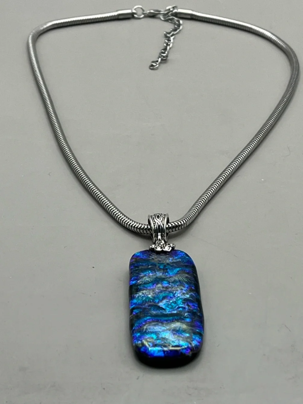 Sterling Silver Blue-Green Artisan Dichroic Glass Pendant Necklace - Picture 4 of 7